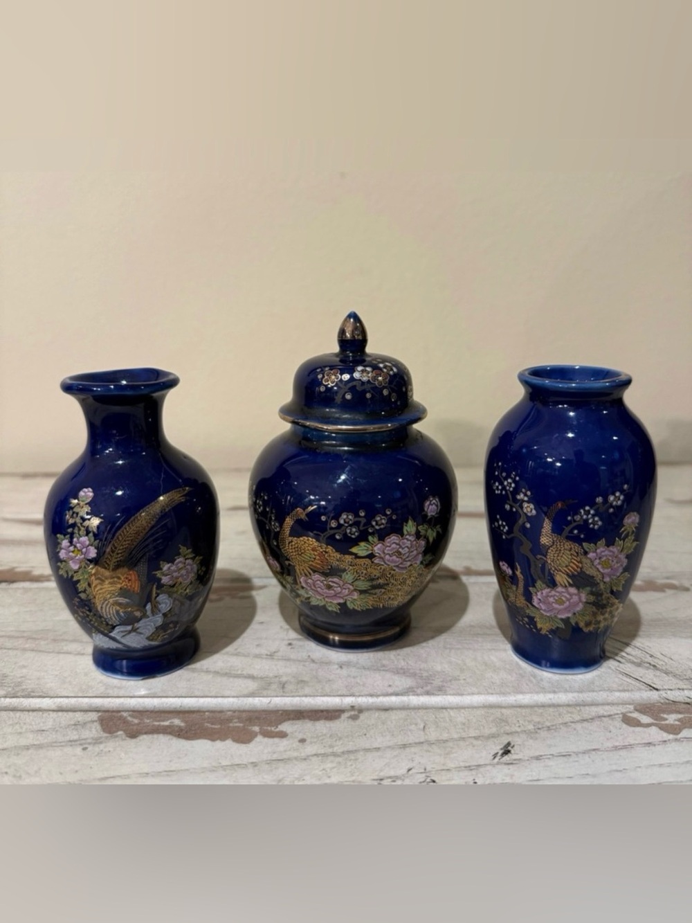 Sato Gordon Japan Cobalt Blue Peacock Floral Ginger Jar & Vases Set C